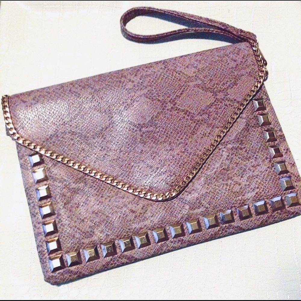 NWT Taupe reptile print gold studded clutch